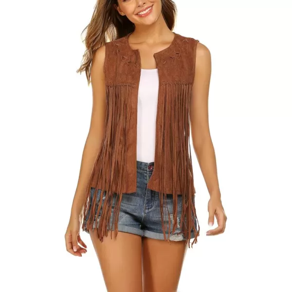 HOTOUCH Women Tassel Vest Fringe Vest 70s Hippie Faux Suede Sleeveless Vest Jacket XSXXXLBdark Brown