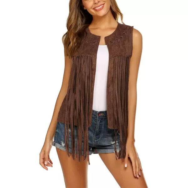 HOTOUCH Women Tassel Vest Fringe Vest 70s Hippie Faux Suede Sleeveless Vest Jacket XSXXXLBlight Coffee