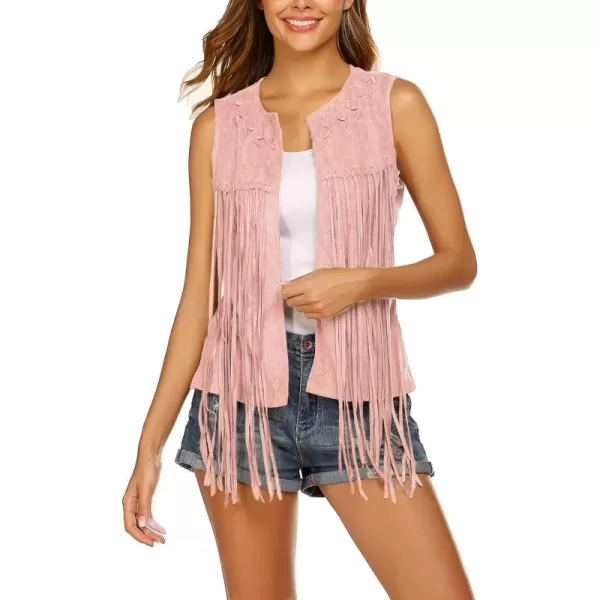 HOTOUCH Women Tassel Vest Fringe Vest 70s Hippie Faux Suede Sleeveless Vest Jacket XSXXXLBpink