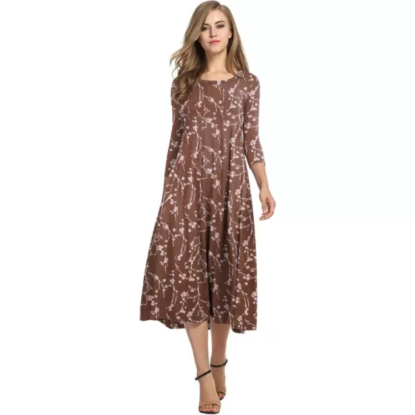 HOTOUCH Womens 34 Sleeve Aline and Flare Midi Long DressBrown Floral