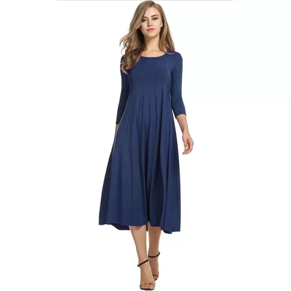 HOTOUCH Womens 34 Sleeve Aline and Flare Midi Long DressNavy Blue