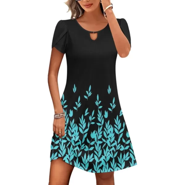 HOTOUCH Womens Casual ALine Dress with Pockets Summer Beach Floral Tshirt Dress Short Sleeve Mini Dress Flowy SundressesBlack Blue Printed