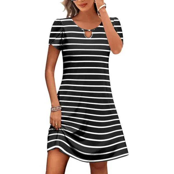 HOTOUCH Womens Casual ALine Dress with Pockets Summer Beach Floral Tshirt Dress Short Sleeve Mini Dress Flowy SundressesBlack Stripes