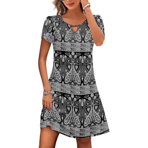 HOTOUCH Womens Casual ALine Dress with Pockets Summer Beach Floral Tshirt Dress Short Sleeve Mini Dress Flowy SundressesBlack1 Printed