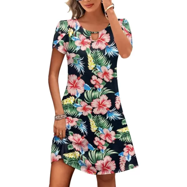 HOTOUCH Womens Casual ALine Dress with Pockets Summer Beach Floral Tshirt Dress Short Sleeve Mini Dress Flowy SundressesBlackpinkprint