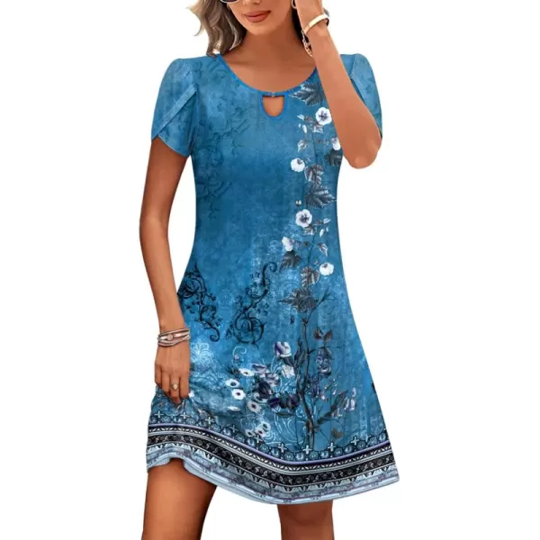 HOTOUCH Womens Casual ALine Dress with Pockets Summer Beach Floral Tshirt Dress Short Sleeve Mini Dress Flowy SundressesBlue Floral02