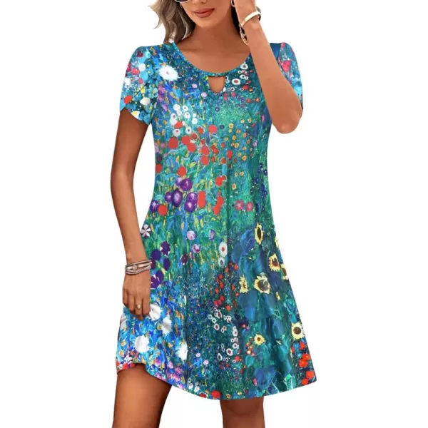 HOTOUCH Womens Casual ALine Dress with Pockets Summer Beach Floral Tshirt Dress Short Sleeve Mini Dress Flowy SundressesBluefloral