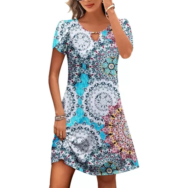 HOTOUCH Womens Casual ALine Dress with Pockets Summer Beach Floral Tshirt Dress Short Sleeve Mini Dress Flowy SundressesBohemian Blue