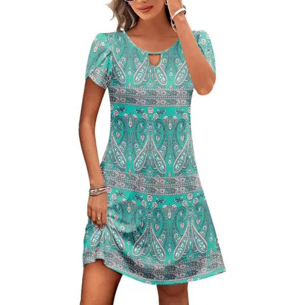 HOTOUCH Womens Casual ALine Dress with Pockets Summer Beach Floral Tshirt Dress Short Sleeve Mini Dress Flowy SundressesBohemian Green