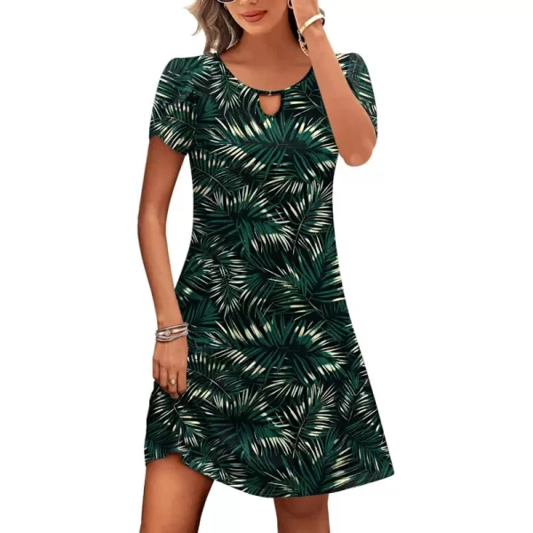 HOTOUCH Womens Casual ALine Dress with Pockets Summer Beach Floral Tshirt Dress Short Sleeve Mini Dress Flowy SundressesGreenleaf Printed