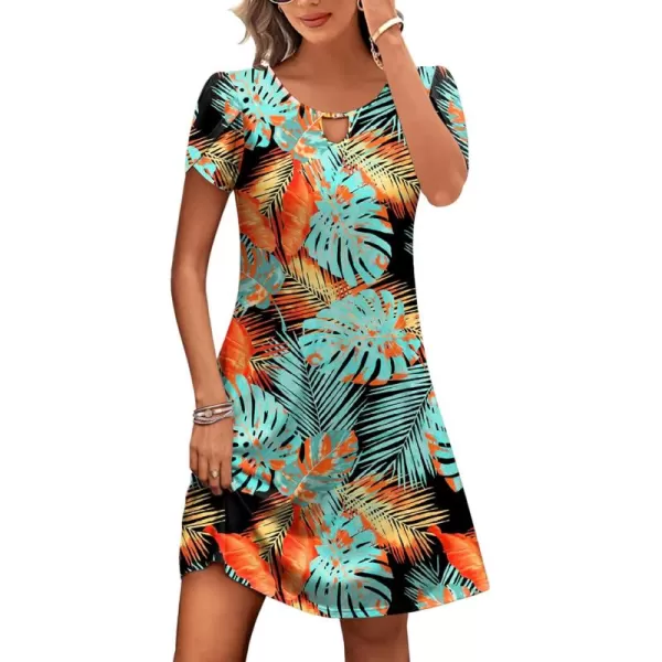 HOTOUCH Womens Casual ALine Dress with Pockets Summer Beach Floral Tshirt Dress Short Sleeve Mini Dress Flowy SundressesLeaf Printed