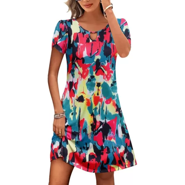 HOTOUCH Womens Casual ALine Dress with Pockets Summer Beach Floral Tshirt Dress Short Sleeve Mini Dress Flowy SundressesMulticolor