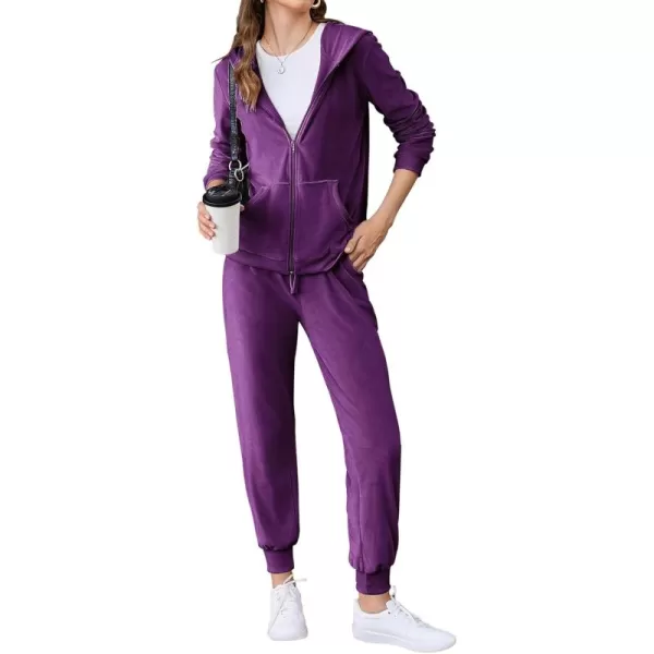 HOTOUCH Womens Casual Velour Tracksuit Set Full Zipper Hoodie Workout Pants Velvet Sweatsuit Jogging Suits XSXXLDeep Purple