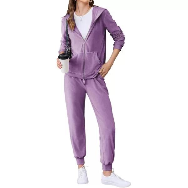 HOTOUCH Womens Casual Velour Tracksuit Set Full Zipper Hoodie Workout Pants Velvet Sweatsuit Jogging Suits XSXXLLilac