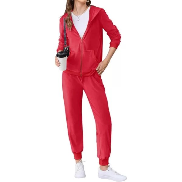 HOTOUCH Womens Casual Velour Tracksuit Set Full Zipper Hoodie Workout Pants Velvet Sweatsuit Jogging Suits XSXXLRed