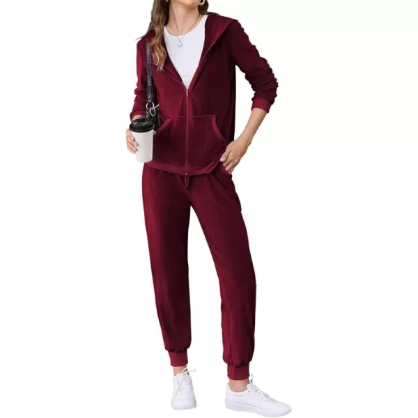 HOTOUCH Womens Casual Velour Tracksuit Set Full Zipper Hoodie Workout Pants Velvet Sweatsuit Jogging Suits XSXXLWine Red