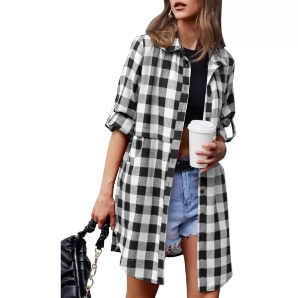 HOTOUCH Womens Flannel Plaid Shirts Roll Up Long Sleeve MidLong Casual Boyfriend Shirts with PocketsBlack  White