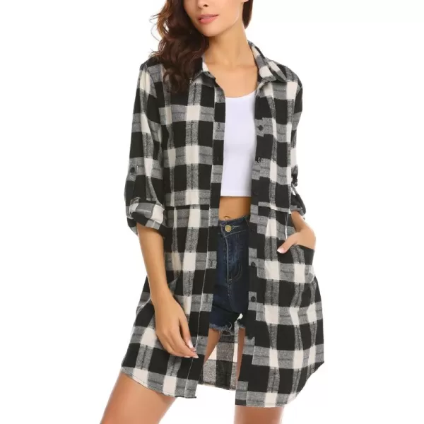 HOTOUCH Womens Flannel Plaid Shirts Roll Up Long Sleeve MidLong Casual Boyfriend Shirts with PocketsBlack