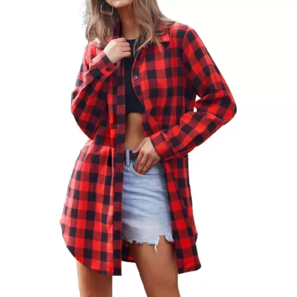 HOTOUCH Womens Flannel Plaid Shirts Roll Up Long Sleeve MidLong Casual Boyfriend Shirts with PocketsBlack Red Plaid