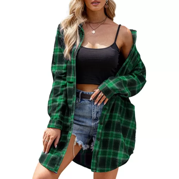 HOTOUCH Womens Flannel Plaid Shirts Roll Up Long Sleeve MidLong Casual Boyfriend Shirts with PocketsBlack and Green