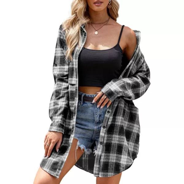 HOTOUCH Womens Flannel Plaid Shirts Roll Up Long Sleeve MidLong Casual Boyfriend Shirts with PocketsBlack and White