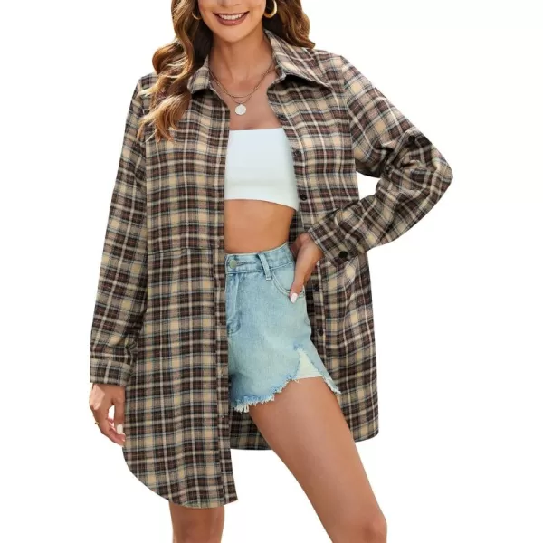 HOTOUCH Womens Flannel Plaid Shirts Roll Up Long Sleeve MidLong Casual Boyfriend Shirts with PocketsBrown and Khaki