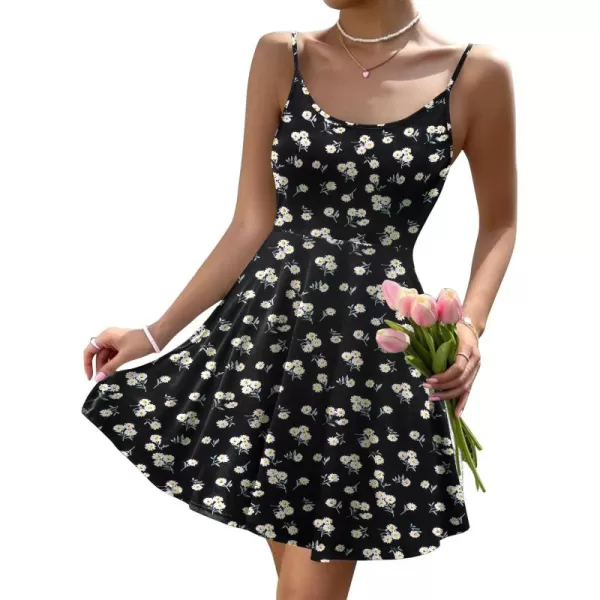 HOTOUCH Womens Summer Dress Adjustable Spaghetti Strap Floral Mini Casual Dress with Pockets Fit ampamp Flare Beach SundressBlack Daisy