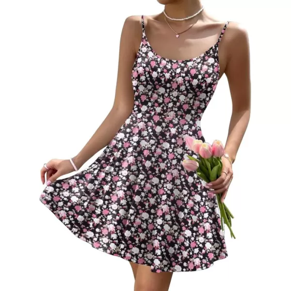 HOTOUCH Womens Summer Dress Adjustable Spaghetti Strap Floral Mini Casual Dress with Pockets Fit ampamp Flare Beach SundressBlack Floral