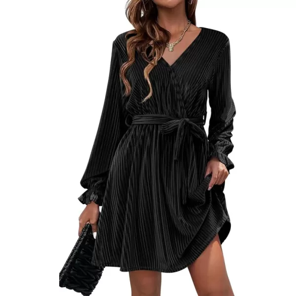 HOTOUCH Womens Velvet Dress Wrap V Neck Flared Dress Long Lantern Sleeve Dresses with Belt Cocktail Party DressBlack