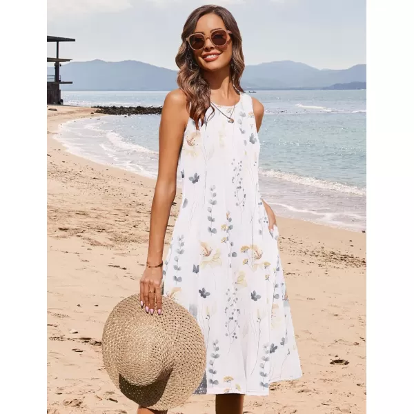 HOTOUCH Summer Casual Dresses for Women Sleeveless Midi Dress Swing Tank Sundress Pleated Tshirt Dress with Pockets02 White Floral