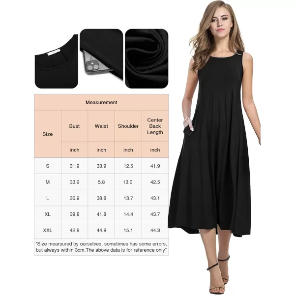 HOTOUCH Summer Casual Dresses for Women Sleeveless Midi Dress Swing Tank Sundress Pleated Tshirt Dress with PocketsAblack