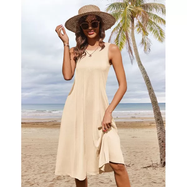 HOTOUCH Summer Casual Dresses for Women Sleeveless Midi Dress Swing Tank Sundress Pleated Tshirt Dress with PocketsBeige