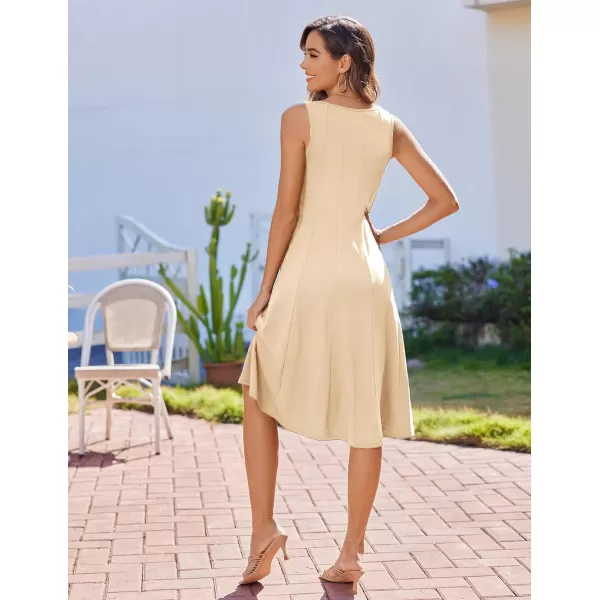 HOTOUCH Summer Casual Dresses for Women Sleeveless Midi Dress Swing Tank Sundress Pleated Tshirt Dress with PocketsBeige