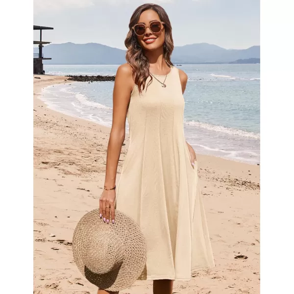 HOTOUCH Summer Casual Dresses for Women Sleeveless Midi Dress Swing Tank Sundress Pleated Tshirt Dress with PocketsBeige