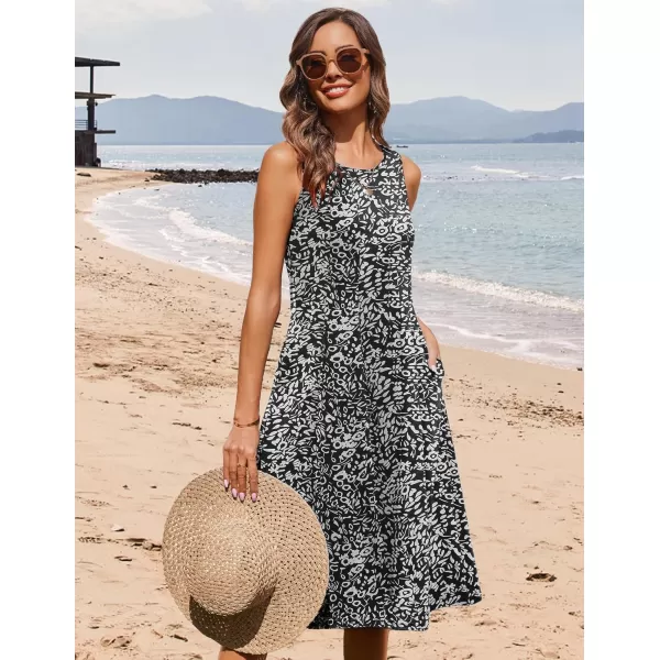 HOTOUCH Summer Casual Dresses for Women Sleeveless Midi Dress Swing Tank Sundress Pleated Tshirt Dress with PocketsBlack Circle