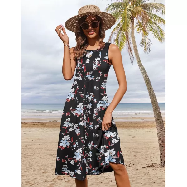 HOTOUCH Summer Casual Dresses for Women Sleeveless Midi Dress Swing Tank Sundress Pleated Tshirt Dress with PocketsBlack Floral