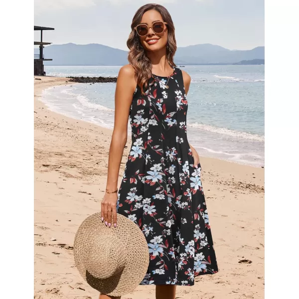 HOTOUCH Summer Casual Dresses for Women Sleeveless Midi Dress Swing Tank Sundress Pleated Tshirt Dress with PocketsBlack Floral