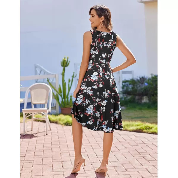 HOTOUCH Summer Casual Dresses for Women Sleeveless Midi Dress Swing Tank Sundress Pleated Tshirt Dress with PocketsBlack Floral