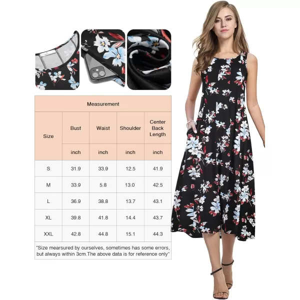 HOTOUCH Summer Casual Dresses for Women Sleeveless Midi Dress Swing Tank Sundress Pleated Tshirt Dress with PocketsBlack Floral