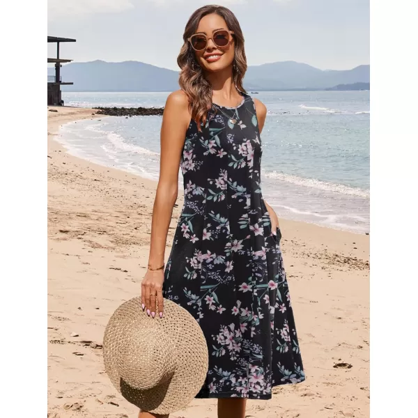 HOTOUCH Summer Casual Dresses for Women Sleeveless Midi Dress Swing Tank Sundress Pleated Tshirt Dress with PocketsBlack Pink Floral