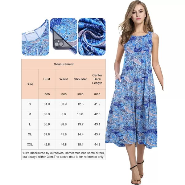 HOTOUCH Summer Casual Dresses for Women Sleeveless Midi Dress Swing Tank Sundress Pleated Tshirt Dress with PocketsCashew Blue Print