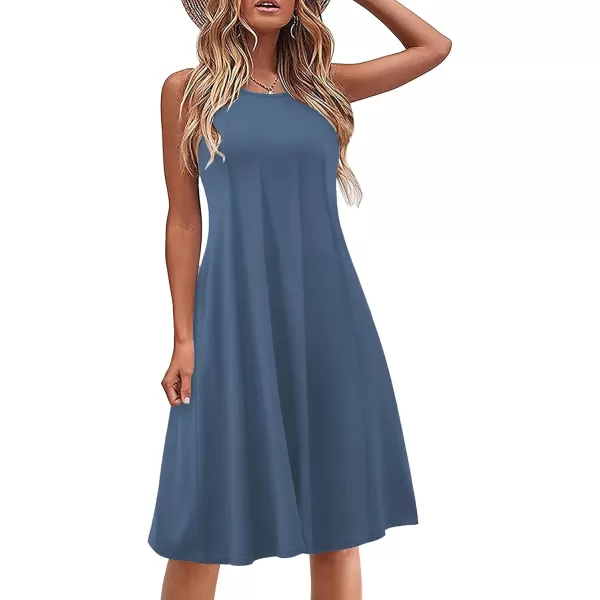 HOTOUCH Summer Casual Dresses for Women Sleeveless Midi Dress Swing Tank Sundress Pleated Tshirt Dress with PocketsDeep Blue