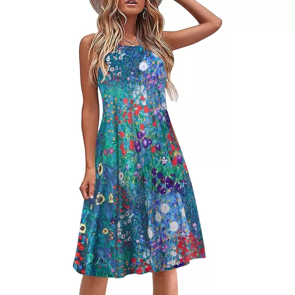 HOTOUCH Summer Casual Dresses for Women Sleeveless Midi Dress Swing Tank Sundress Pleated Tshirt Dress with PocketsGarden Blue Floral