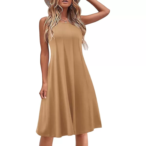 HOTOUCH Summer Casual Dresses for Women Sleeveless Midi Dress Swing Tank Sundress Pleated Tshirt Dress with PocketsKhaki