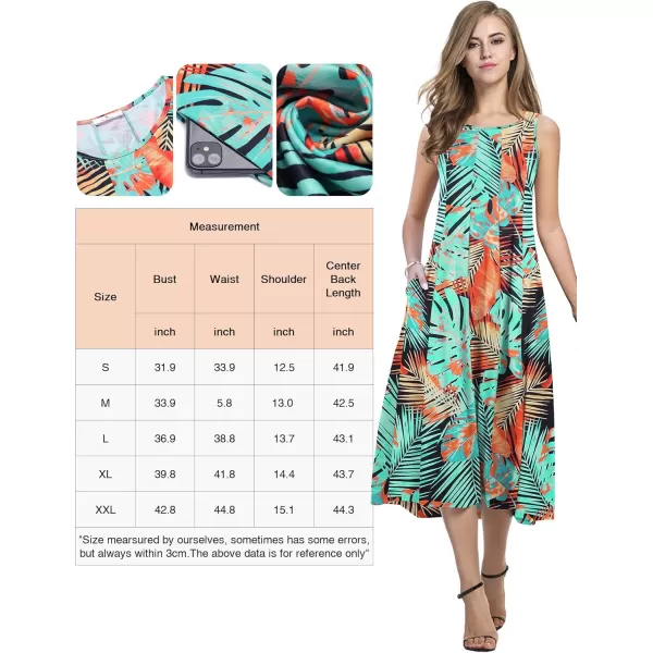 HOTOUCH Summer Casual Dresses for Women Sleeveless Midi Dress Swing Tank Sundress Pleated Tshirt Dress with PocketsLeaf Print