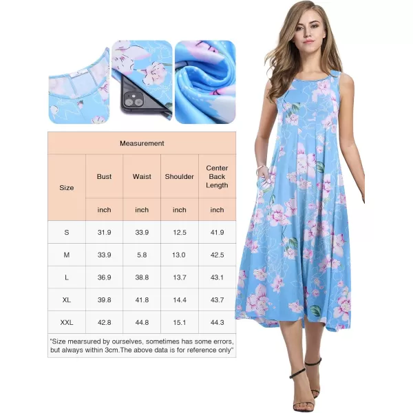 HOTOUCH Summer Casual Dresses for Women Sleeveless Midi Dress Swing Tank Sundress Pleated Tshirt Dress with PocketsLight Blue Floral