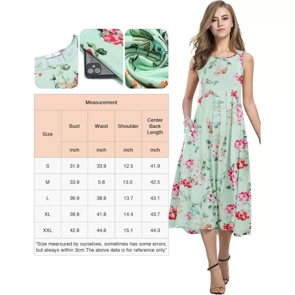 HOTOUCH Summer Casual Dresses for Women Sleeveless Midi Dress Swing Tank Sundress Pleated Tshirt Dress with PocketsMint Green Floral