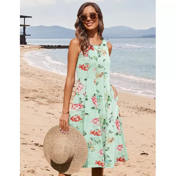 HOTOUCH Summer Casual Dresses for Women Sleeveless Midi Dress Swing Tank Sundress Pleated Tshirt Dress with PocketsMint Green Floral