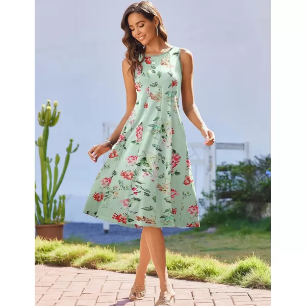 HOTOUCH Summer Casual Dresses for Women Sleeveless Midi Dress Swing Tank Sundress Pleated Tshirt Dress with PocketsMint Green Floral