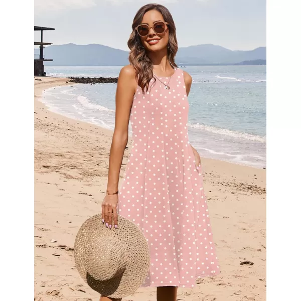 HOTOUCH Summer Casual Dresses for Women Sleeveless Midi Dress Swing Tank Sundress Pleated Tshirt Dress with PocketsPink Dot